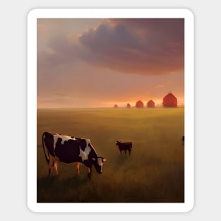 Mother and Baby Cow on Farmstead at Sunset Sticker